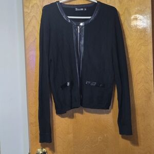 Faux leather trimmed snap & zippered sweater